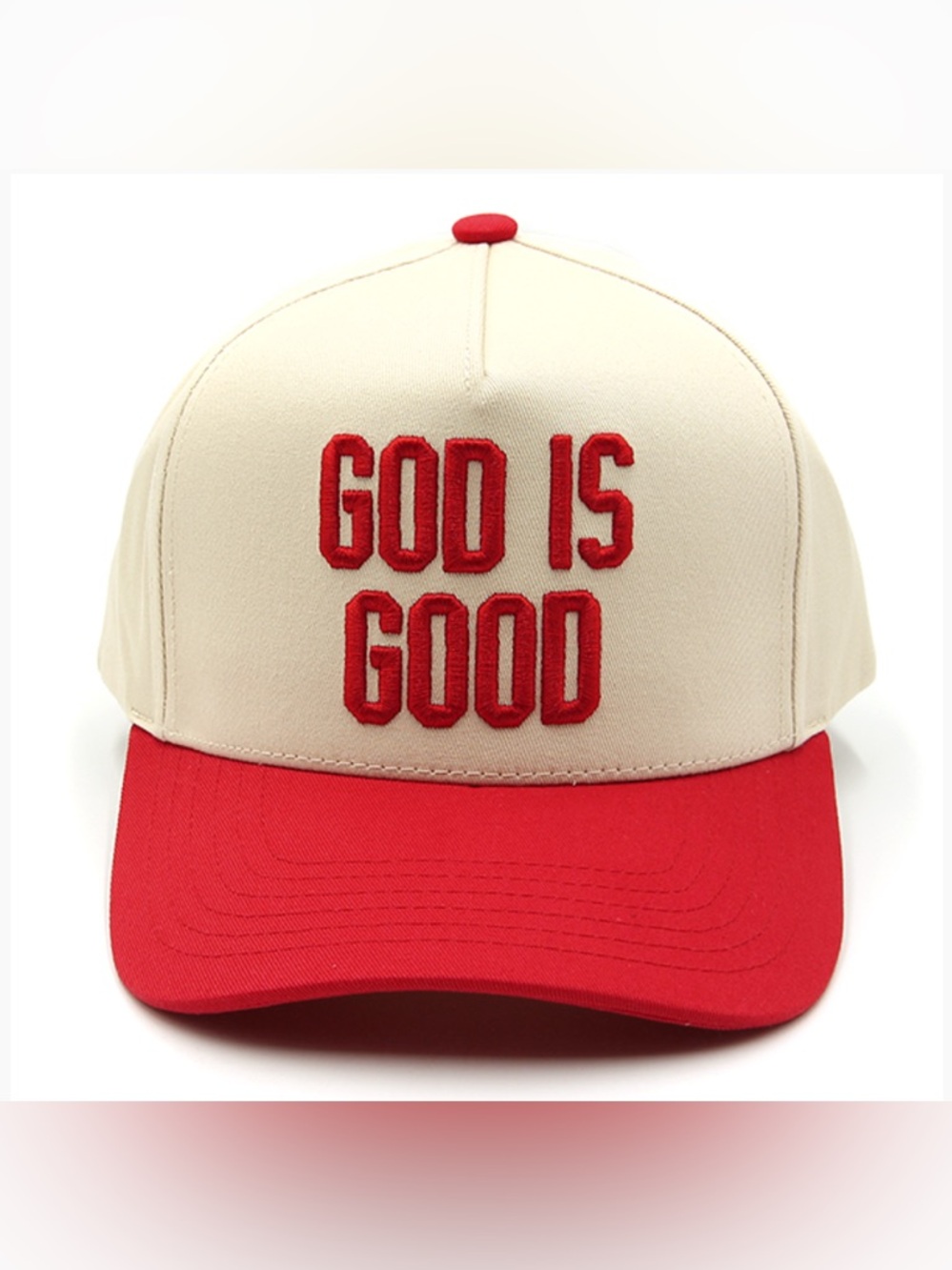 GOD IS GOOD Red & Cream with Embroidered Text